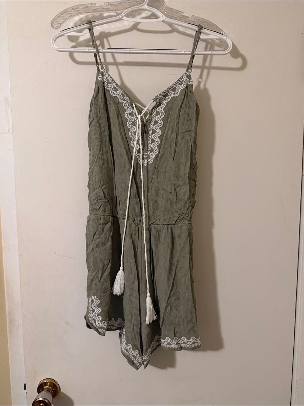 Poema Olive Lace-Trim Spaghetti-Strap Romper with Tassels